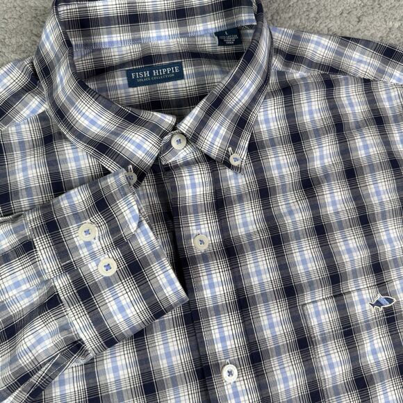 Fish Hippie Shirt Mens Large Blue Plaid Solace Button Down Sport Stretch Cotton - Picture 1 of 11
